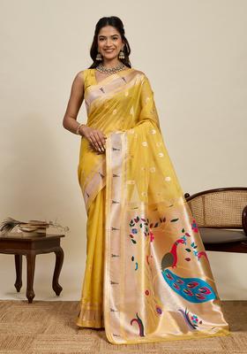 Yellow Paisley Silk Saree Set