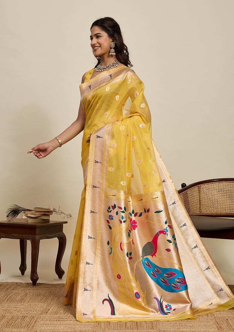 Yellow Paisley Silk Saree Set - Indya