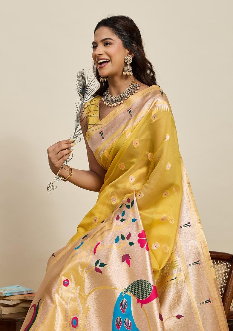 Yellow Paisley Silk Saree Set - Indya