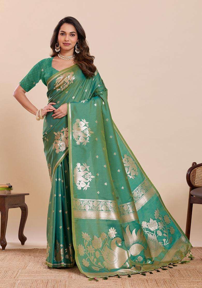 Light Green Woven Design Silk Saree Set - Indya