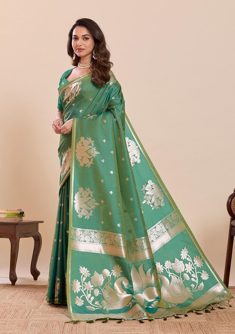 Light Green Woven Design Silk Saree Set - Indya