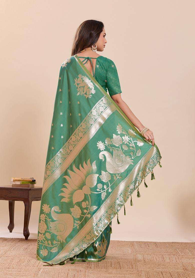 Light Green Woven Design Silk Saree Set - Indya