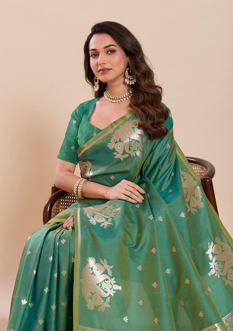 Light Green Woven Design Silk Saree Set - Indya