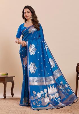 Blue Woven Design Silk Saree Set