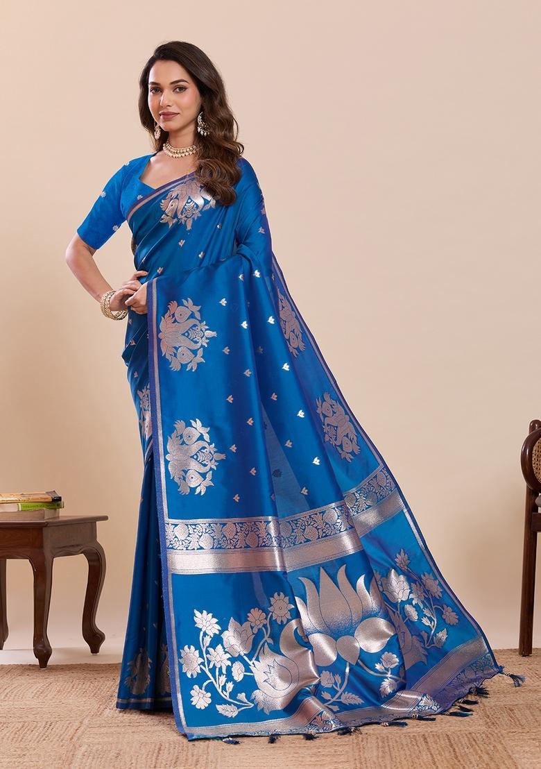 Blue Woven Design Silk Saree Set - Indya