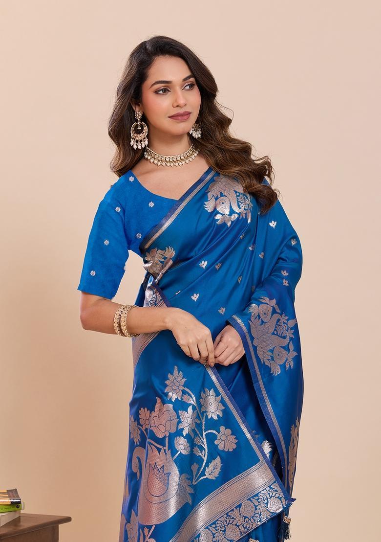 Blue Woven Design Silk Saree Set - Indya