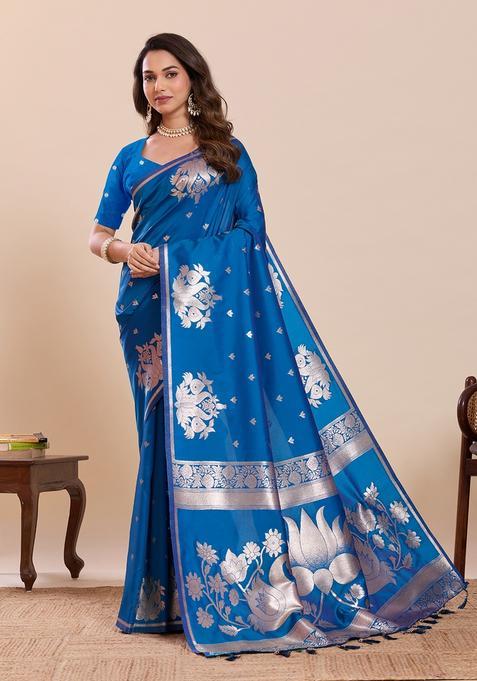 Blue Woven Design Silk Saree Set