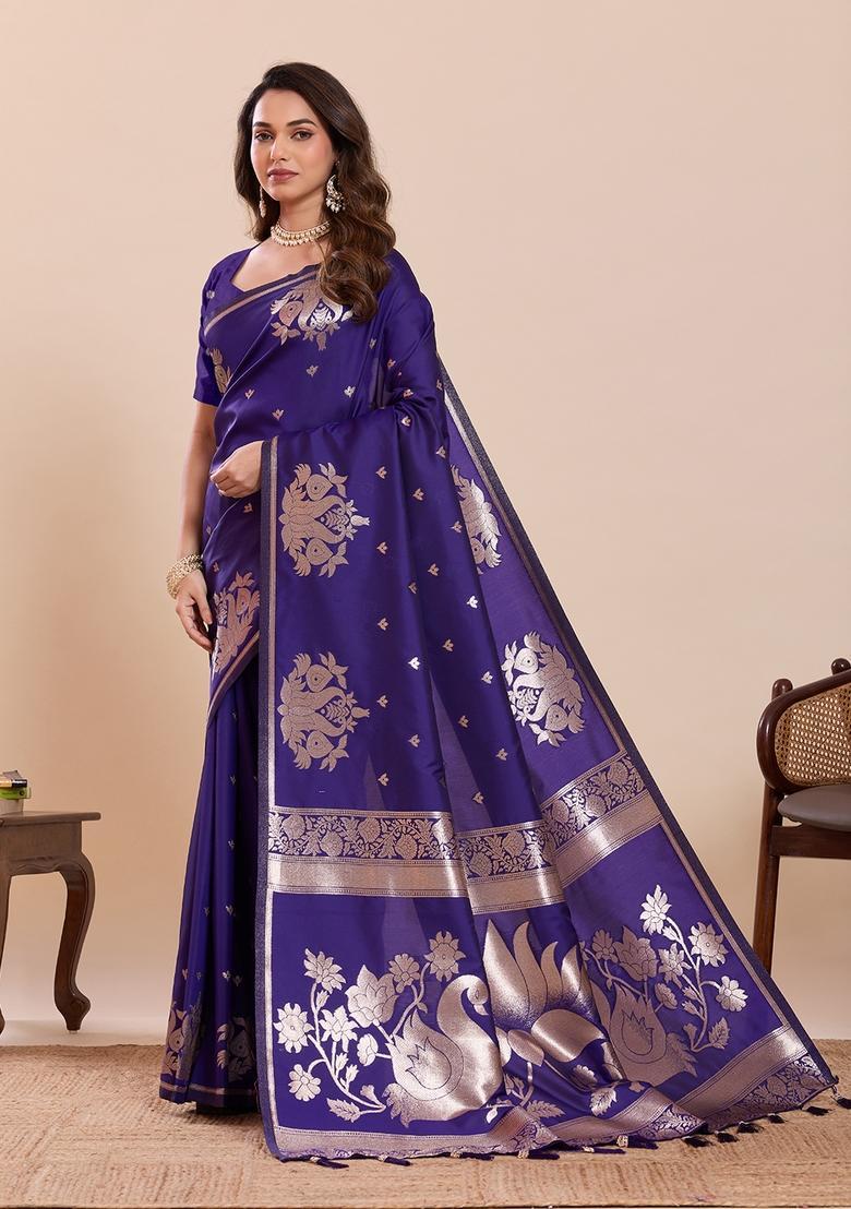 Purple Woven Design Silk Saree Set - Indya
