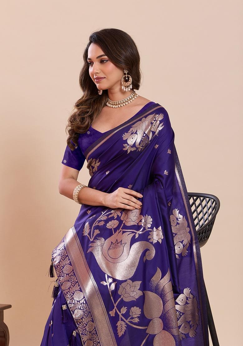 Purple Woven Design Silk Saree Set - Indya