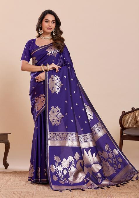 Purple Woven Design Silk Saree Set
