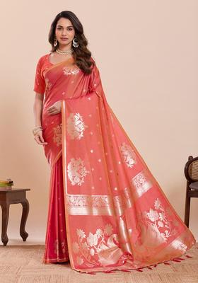 Light Orange Woven Design Silk Saree Set