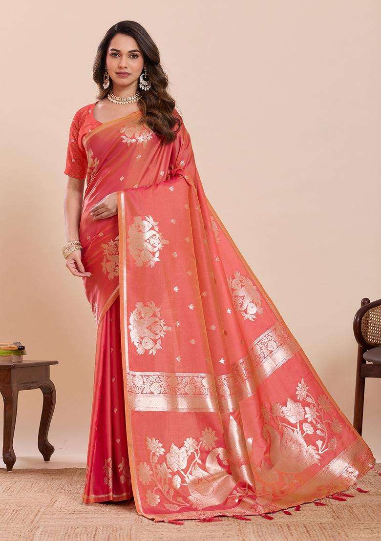 Light Orange Woven Design Silk Saree Set - Indya