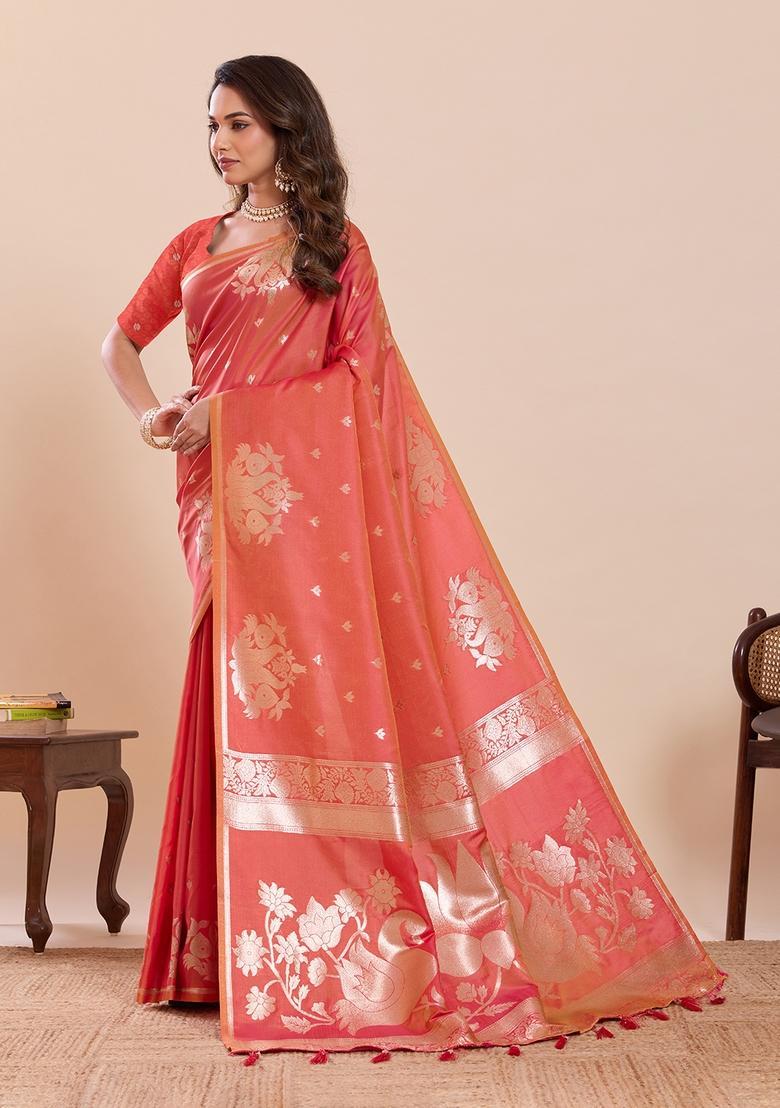 Light Orange Woven Design Silk Saree Set - Indya