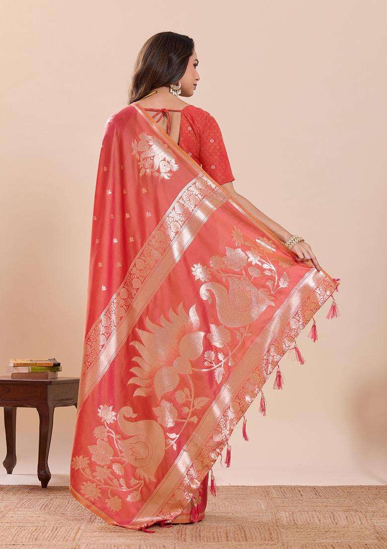 Light Orange Woven Design Silk Saree Set - Indya