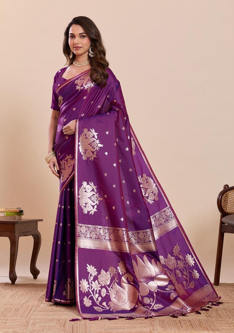 Wine Woven Design Silk Saree Set - Indya
