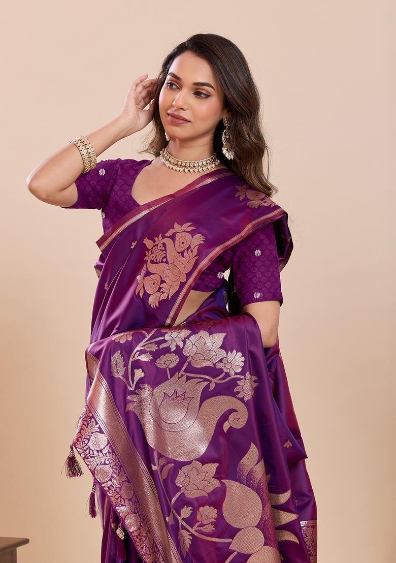 Wine Woven Design Silk Saree Set - Indya