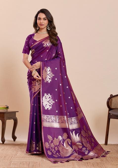 Wine Woven Design Silk Saree Set