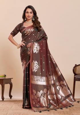 Dark Brown Woven Design Silk Saree Set