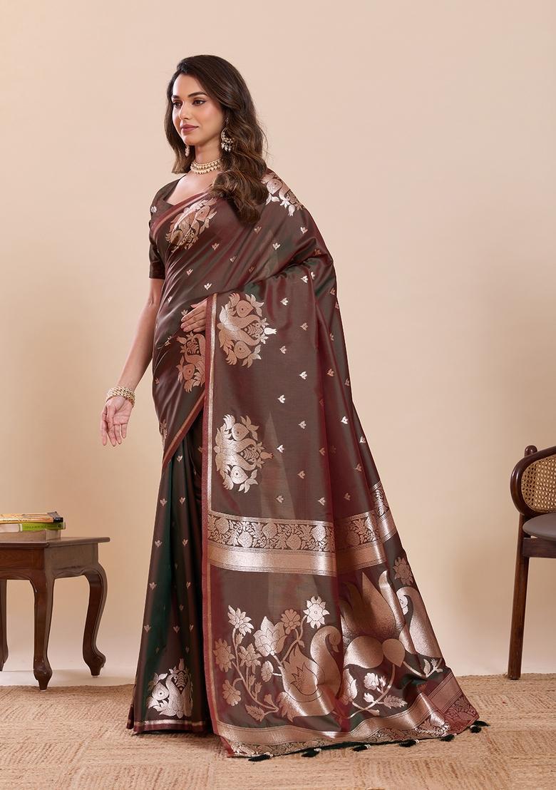 Dark Brown Woven Design Silk Saree Set - Indya
