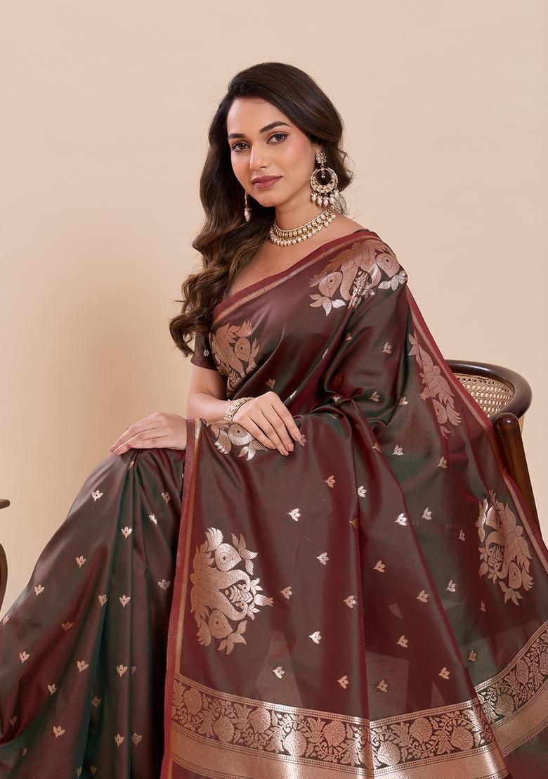 Dark Brown Woven Design Silk Saree Set - Indya