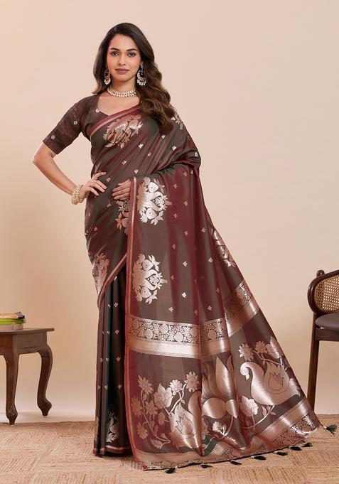 Dark Brown Woven Design Silk Saree Set