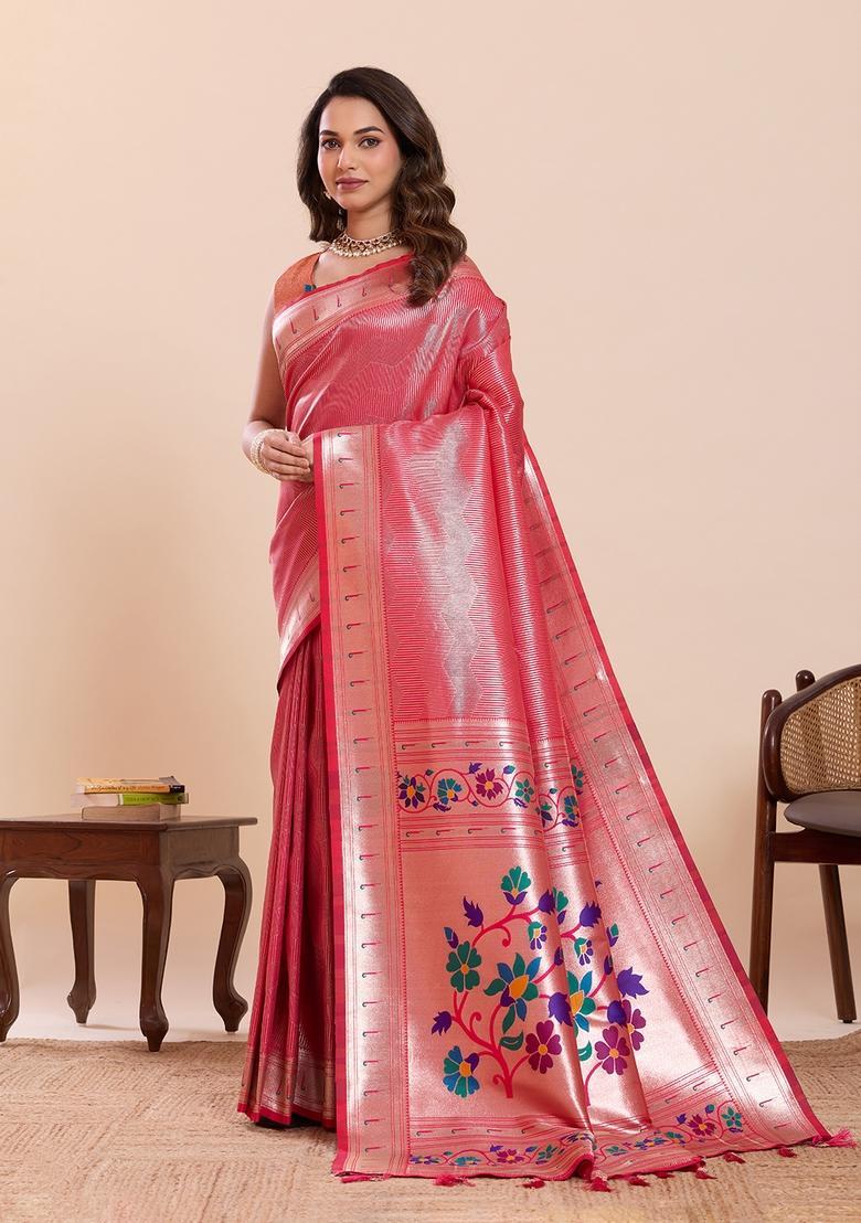 Light Pink Floral Print Silk Saree Set - Indya