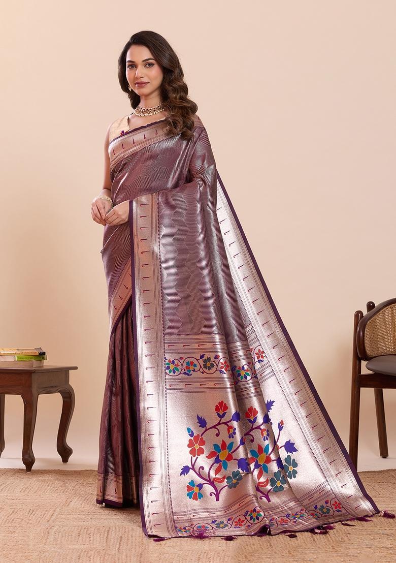 Wine Floral Print Silk Saree Set - Indya