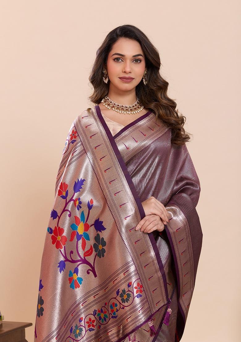 Wine Floral Print Silk Saree Set - Indya
