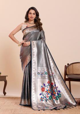 Teal Floral Print Silk Saree Set