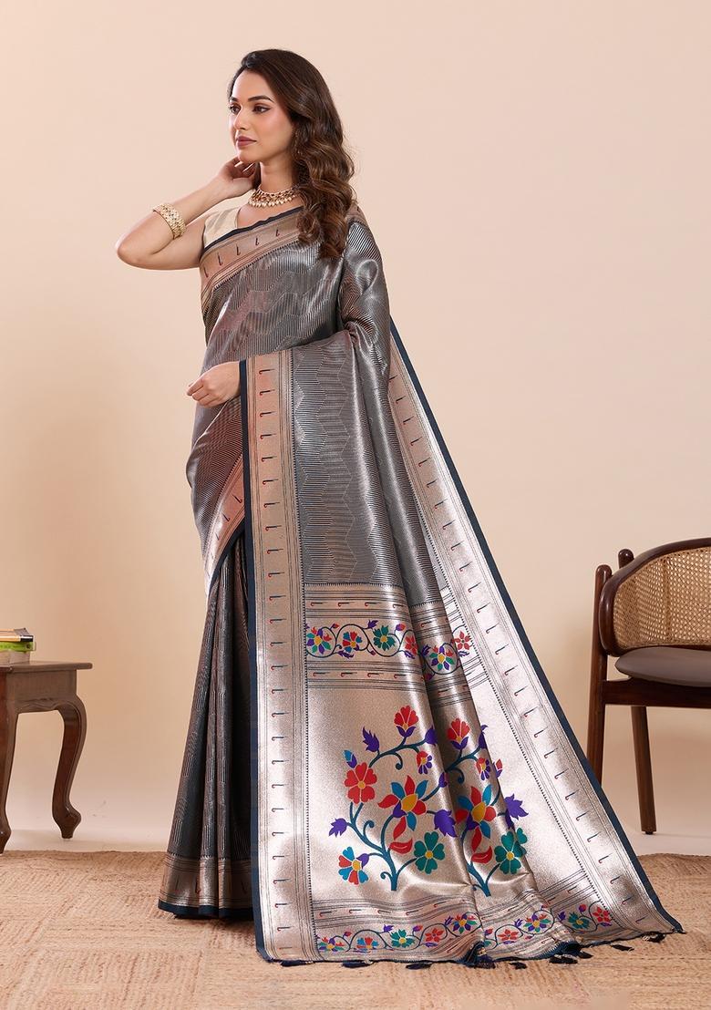 Teal Floral Print Silk Saree Set - Indya