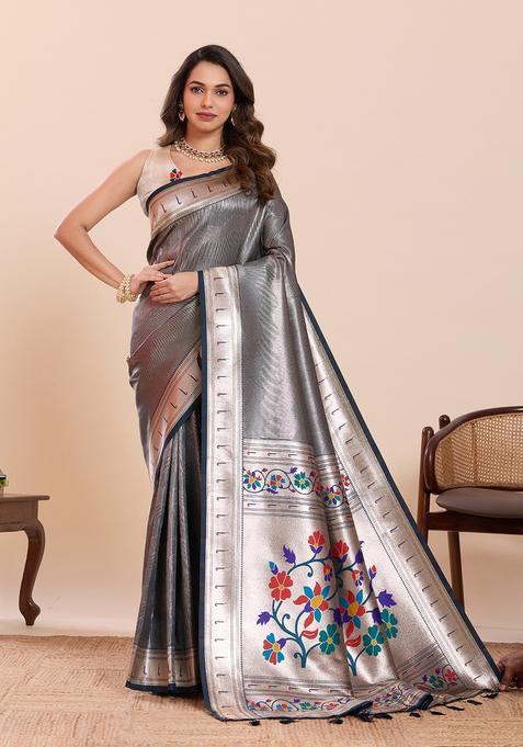 Teal Floral Print Silk Saree Set
