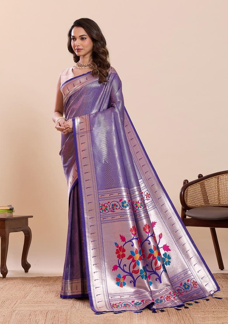 Purple Floral Print Silk Saree Set - Indya