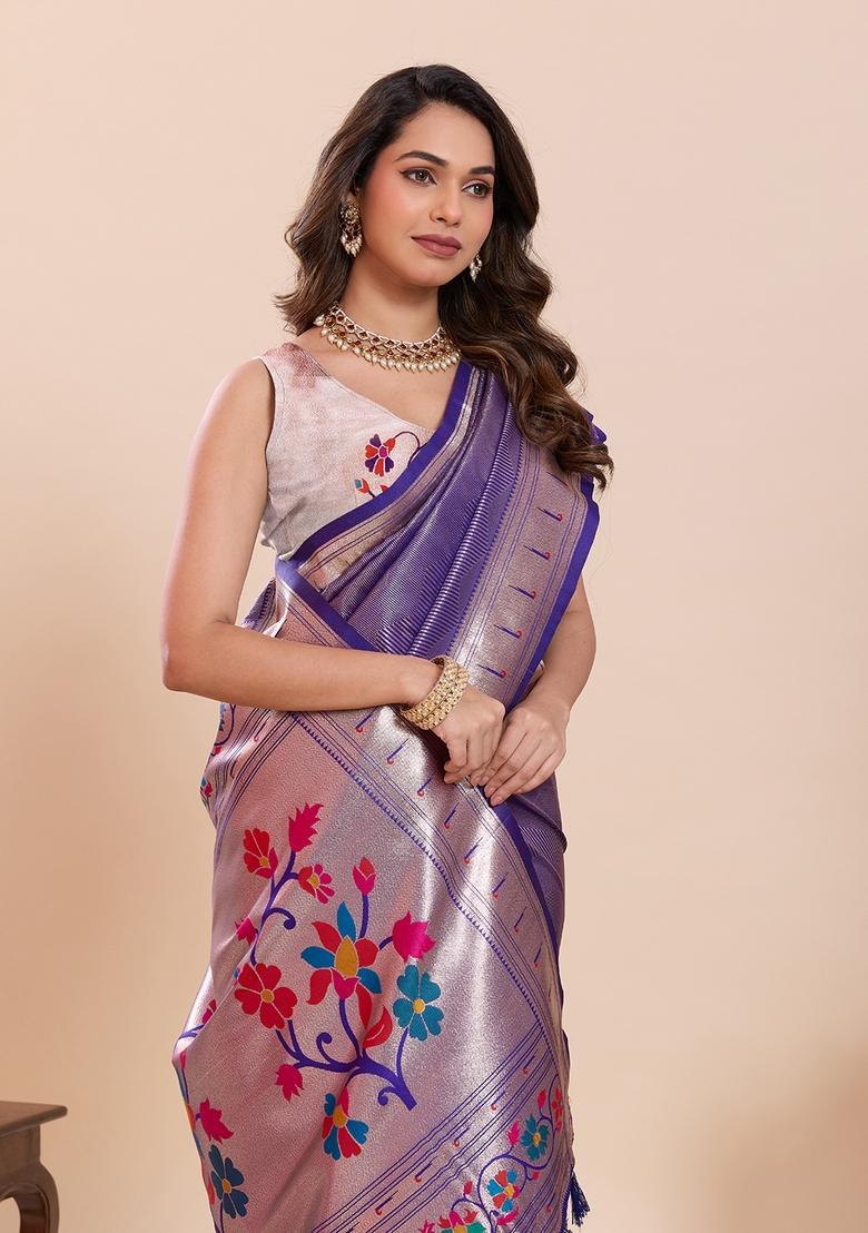 Purple Floral Print Silk Saree Set - Indya