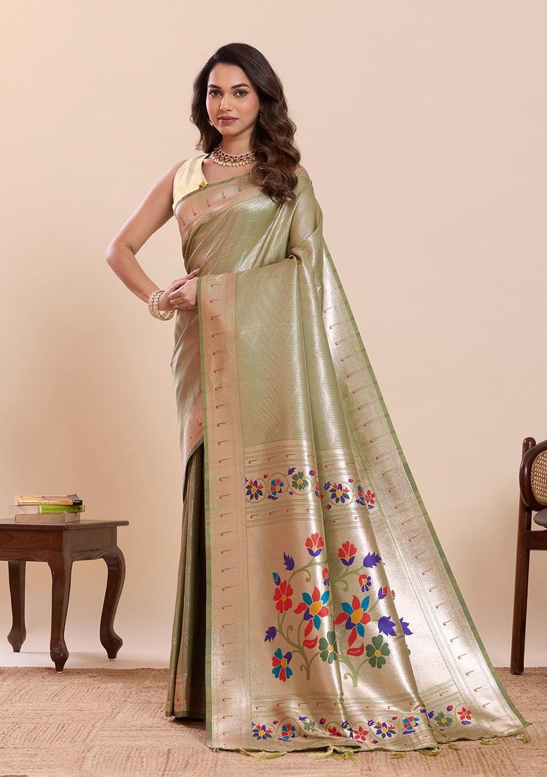 Light Green Floral Print Silk Saree Set - Indya