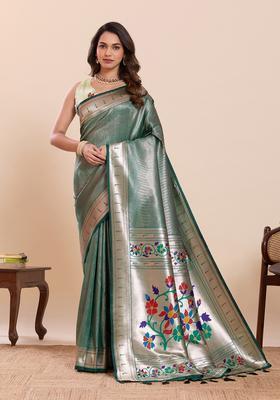 Green Floral Print Silk Saree Set