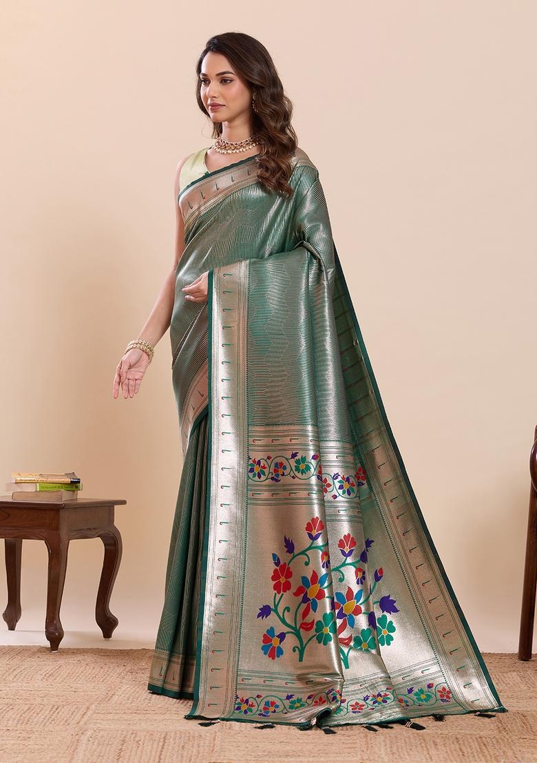 Green Floral Print Silk Saree Set - Indya