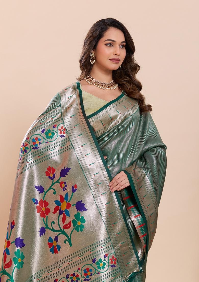 Green Floral Print Silk Saree Set - Indya