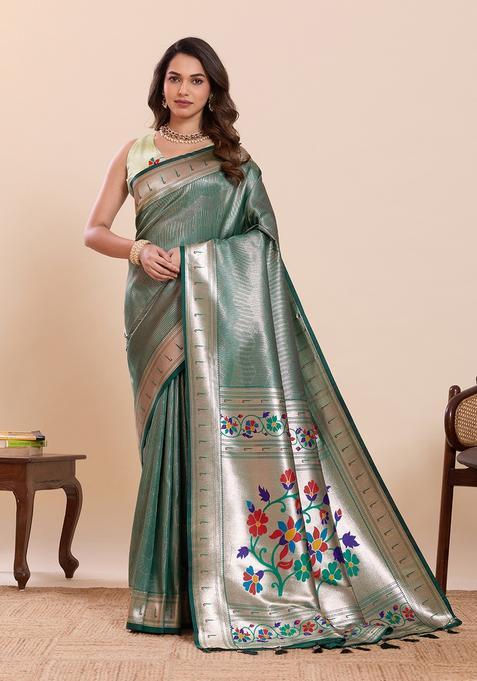 Green Floral Print Silk Saree Set