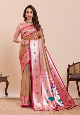 Pink Floral Print Silk Saree Set