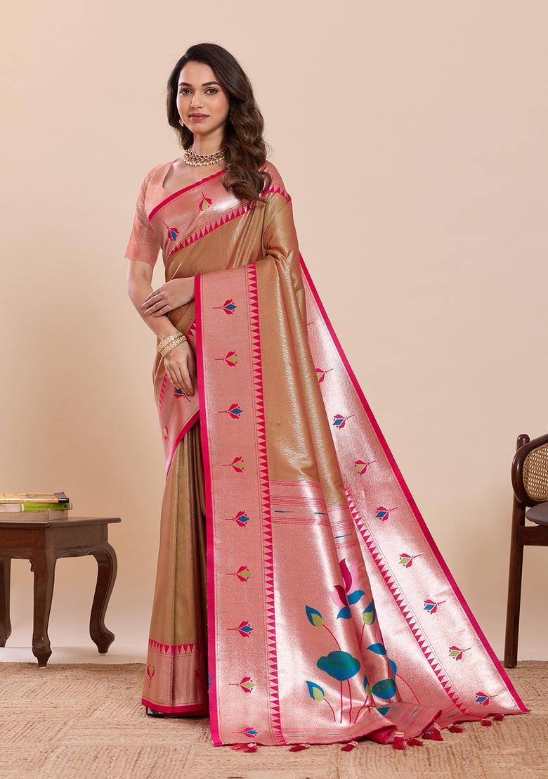 Pink Floral Print Silk Saree Set - Indya
