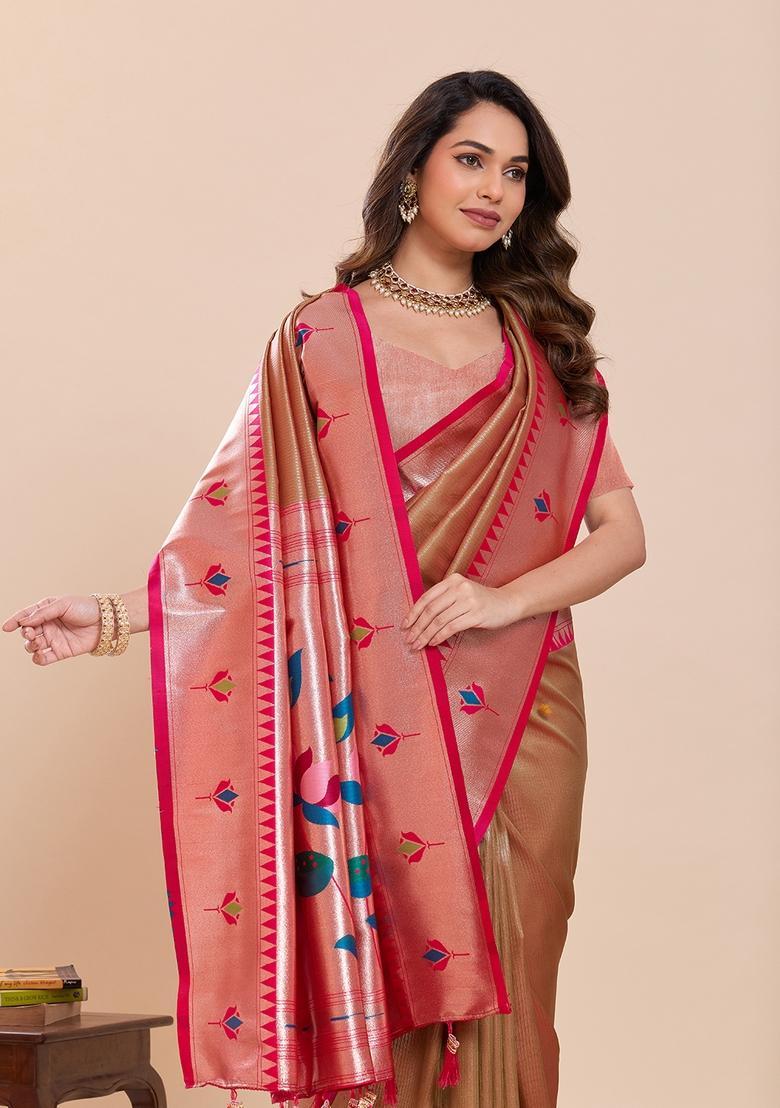 Pink Floral Print Silk Saree Set - Indya