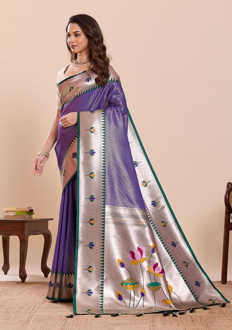 Purple Floral Print Silk Saree Set - Indya