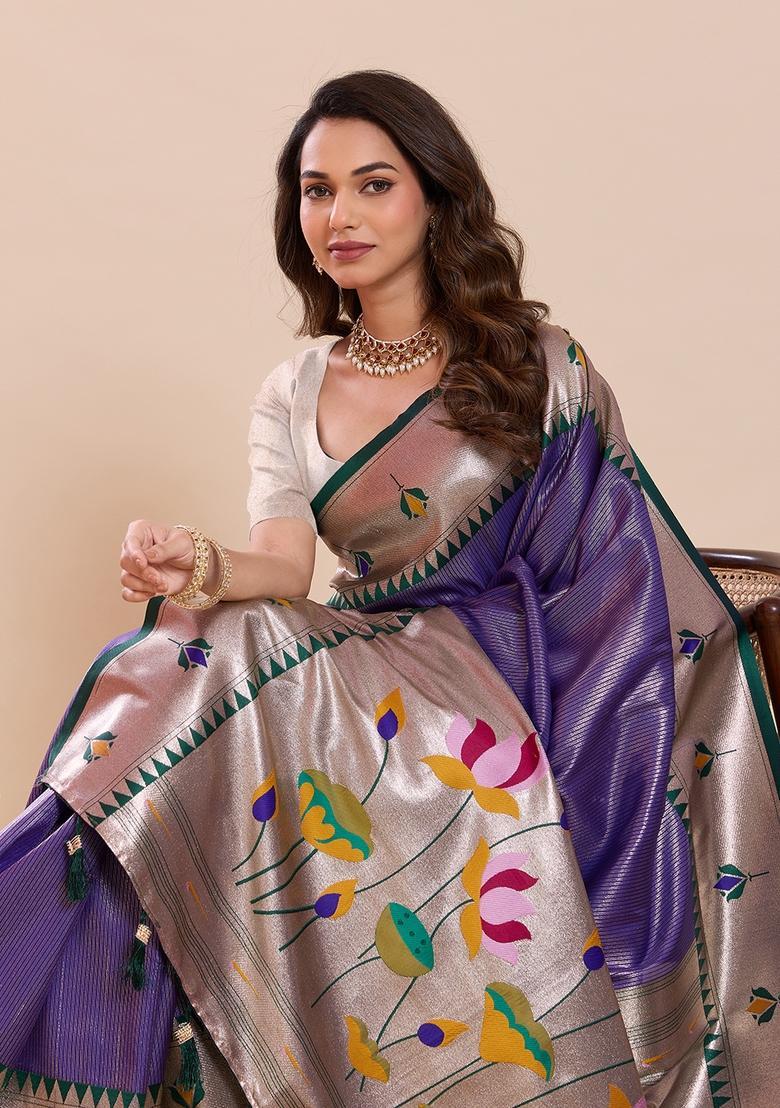 Purple Floral Print Silk Saree Set - Indya