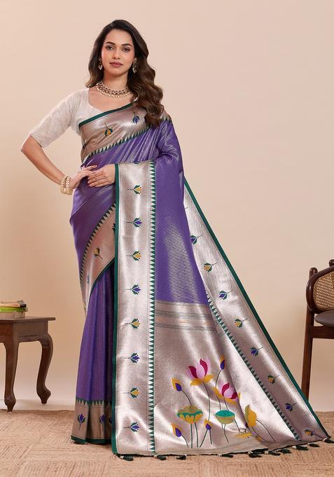Purple Floral Print Silk Saree Set