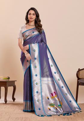 Dark Purple Floral Print Silk Saree Set