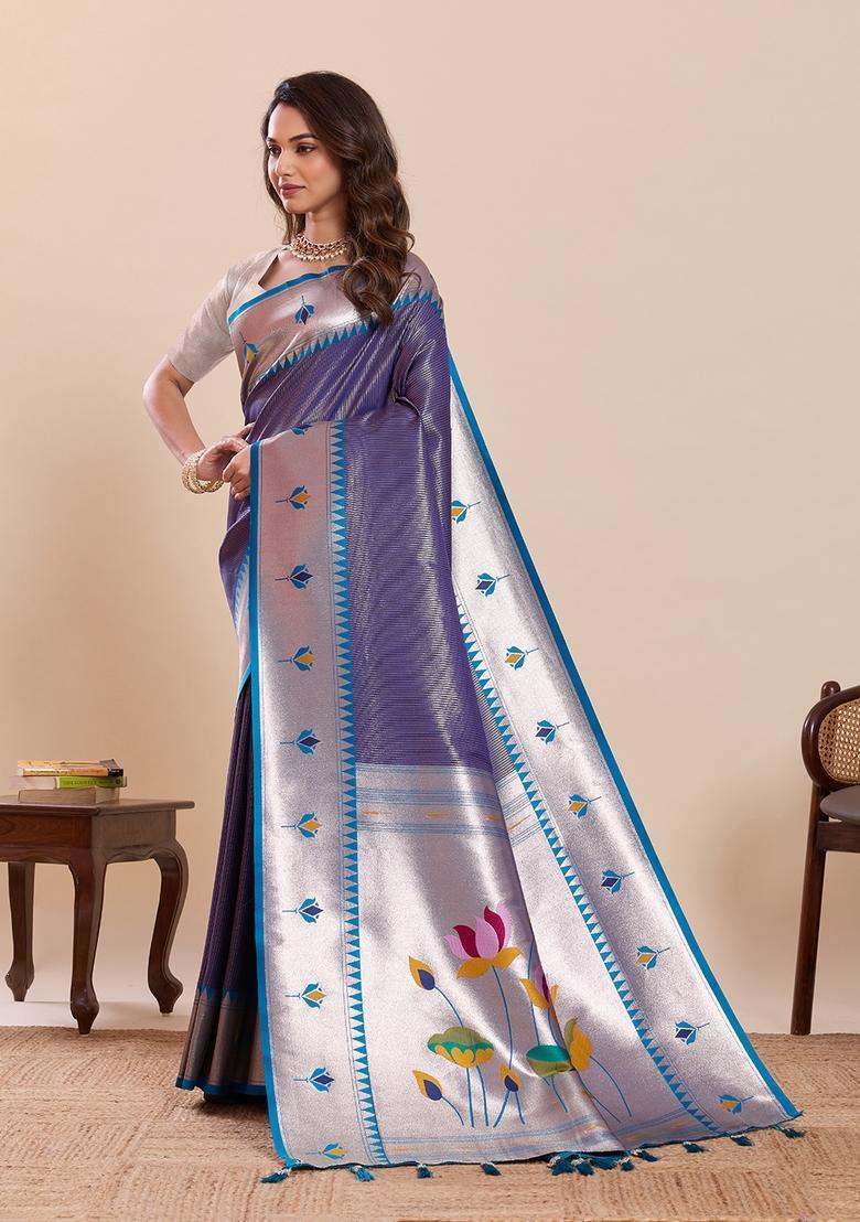 Dark Purple Floral Print Silk Saree Set - Indya