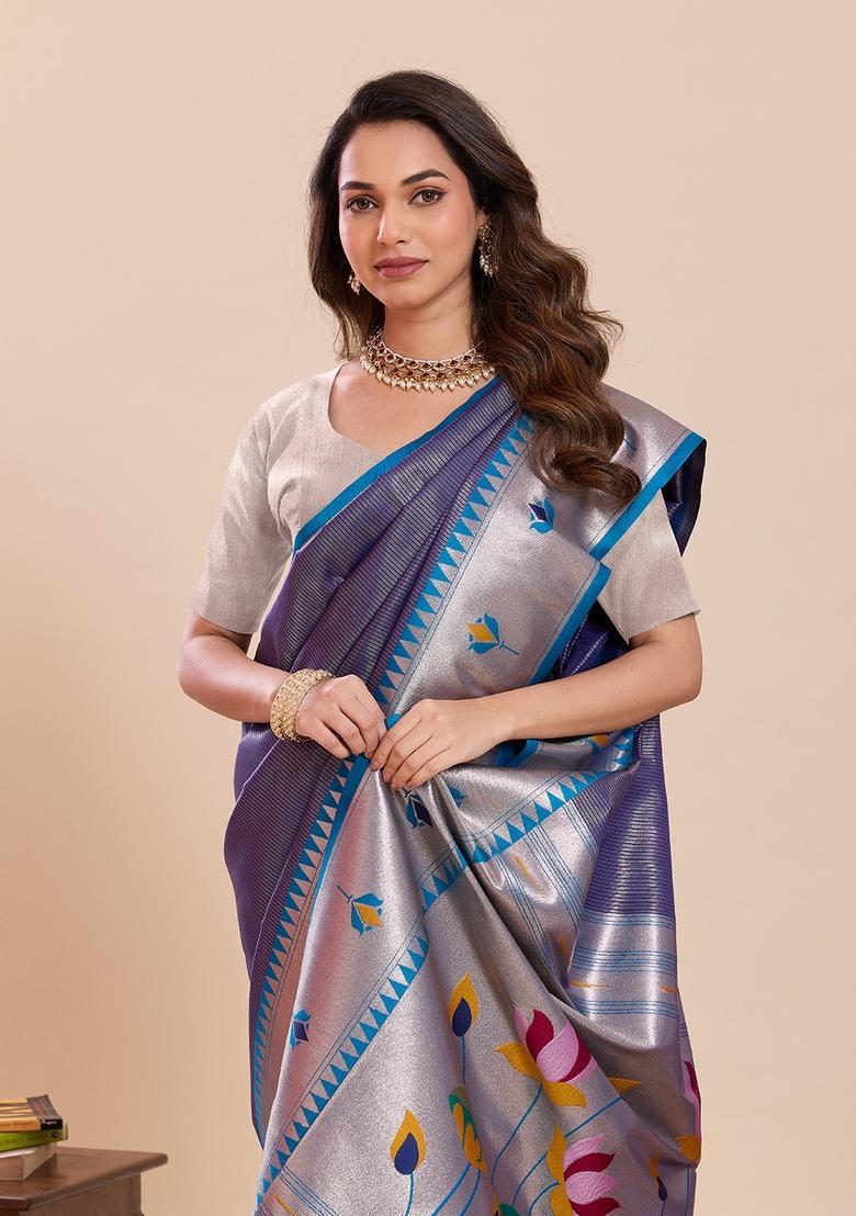 Dark Purple Floral Print Silk Saree Set - Indya