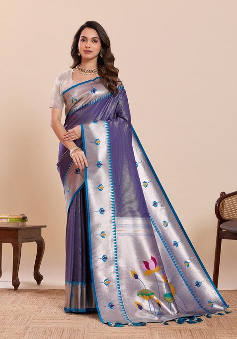 Dark Purple Floral Print Silk Saree Set