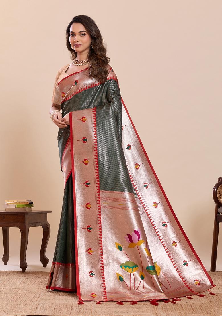 Mehendi Floral Print Silk Saree Set - Indya