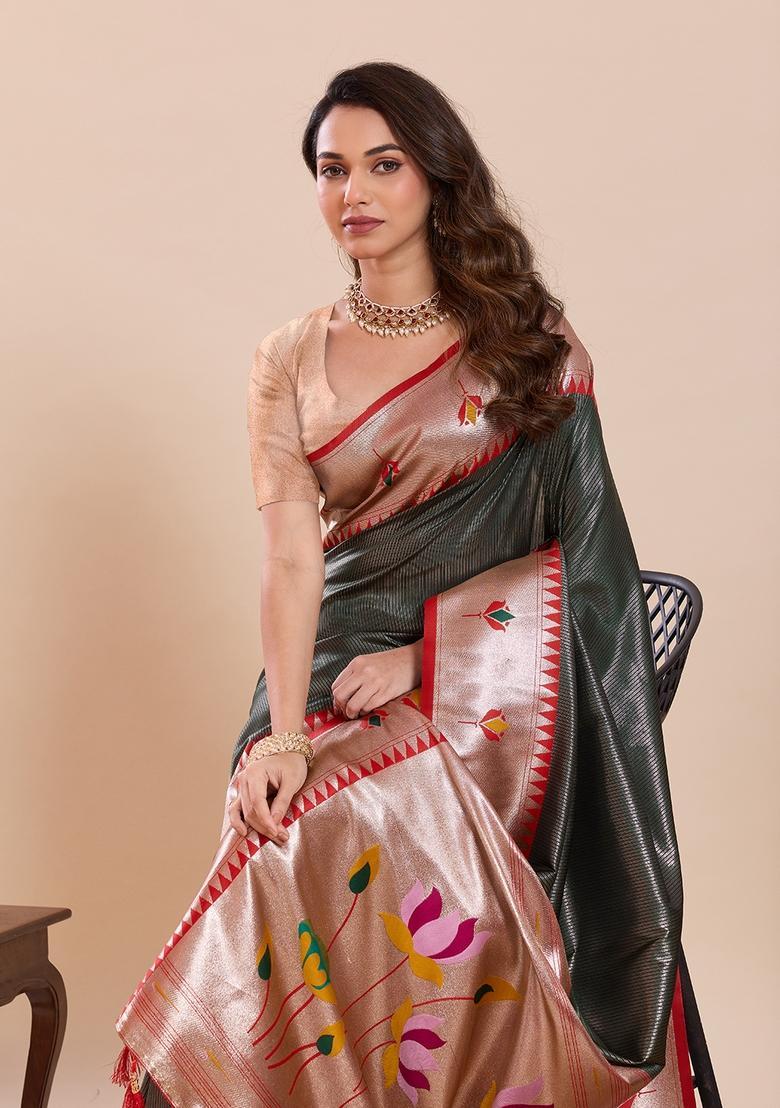 Mehendi Floral Print Silk Saree Set - Indya